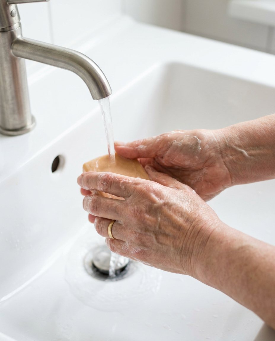 Hands lathering the bar under running water