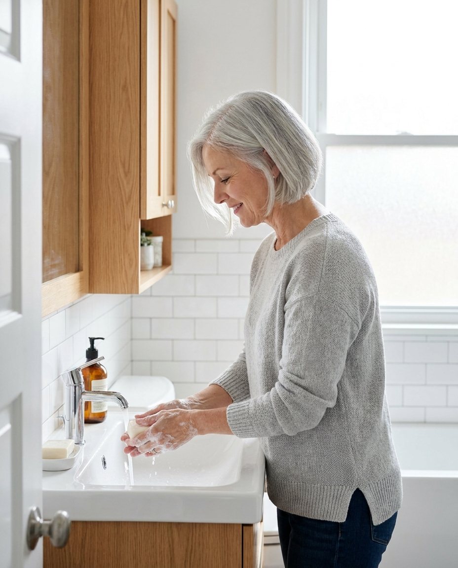 A woman in her sixties washing at a bathroom basin